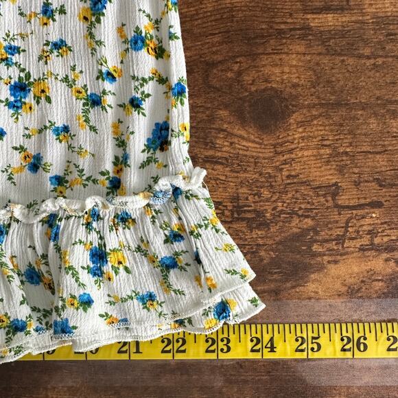 Rue 21 Floral Sundress XS Blue Yellow Ruffle Smocked Cottagecore Boho Y2K - Picture 6 of 9